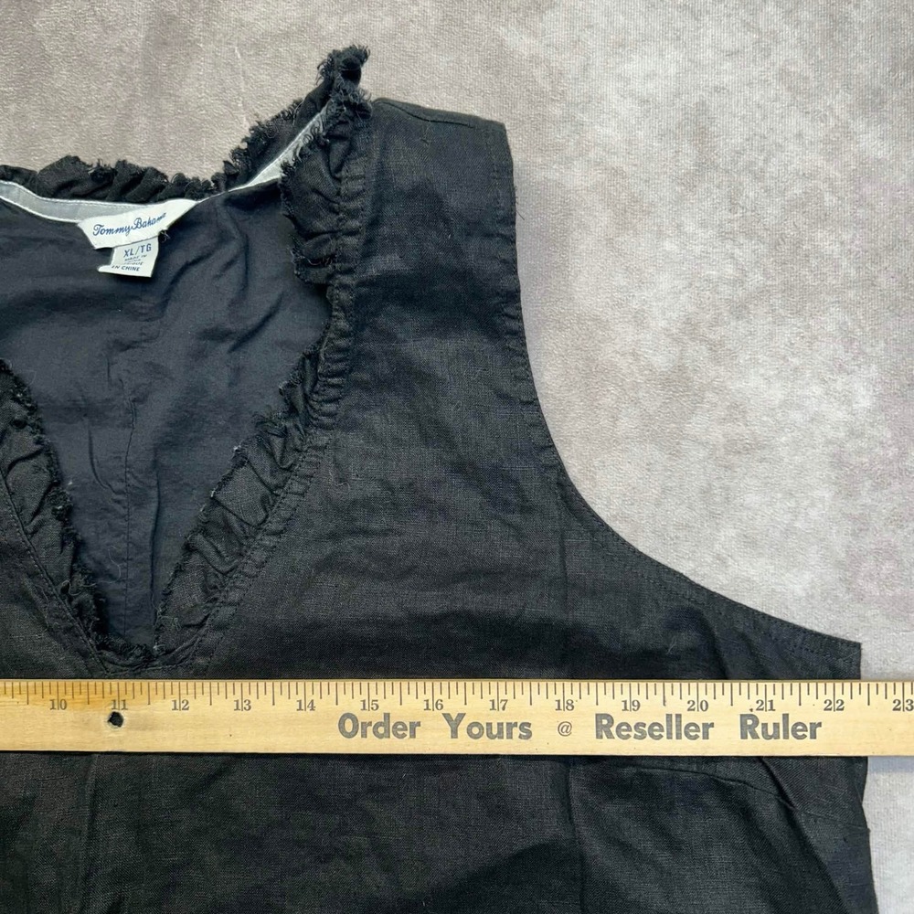 Tommy Bahama XL Black Linen Ruffle V-Neck Sleeveless Shift Dress Midi Frayed Hem - Picture 5 of 7